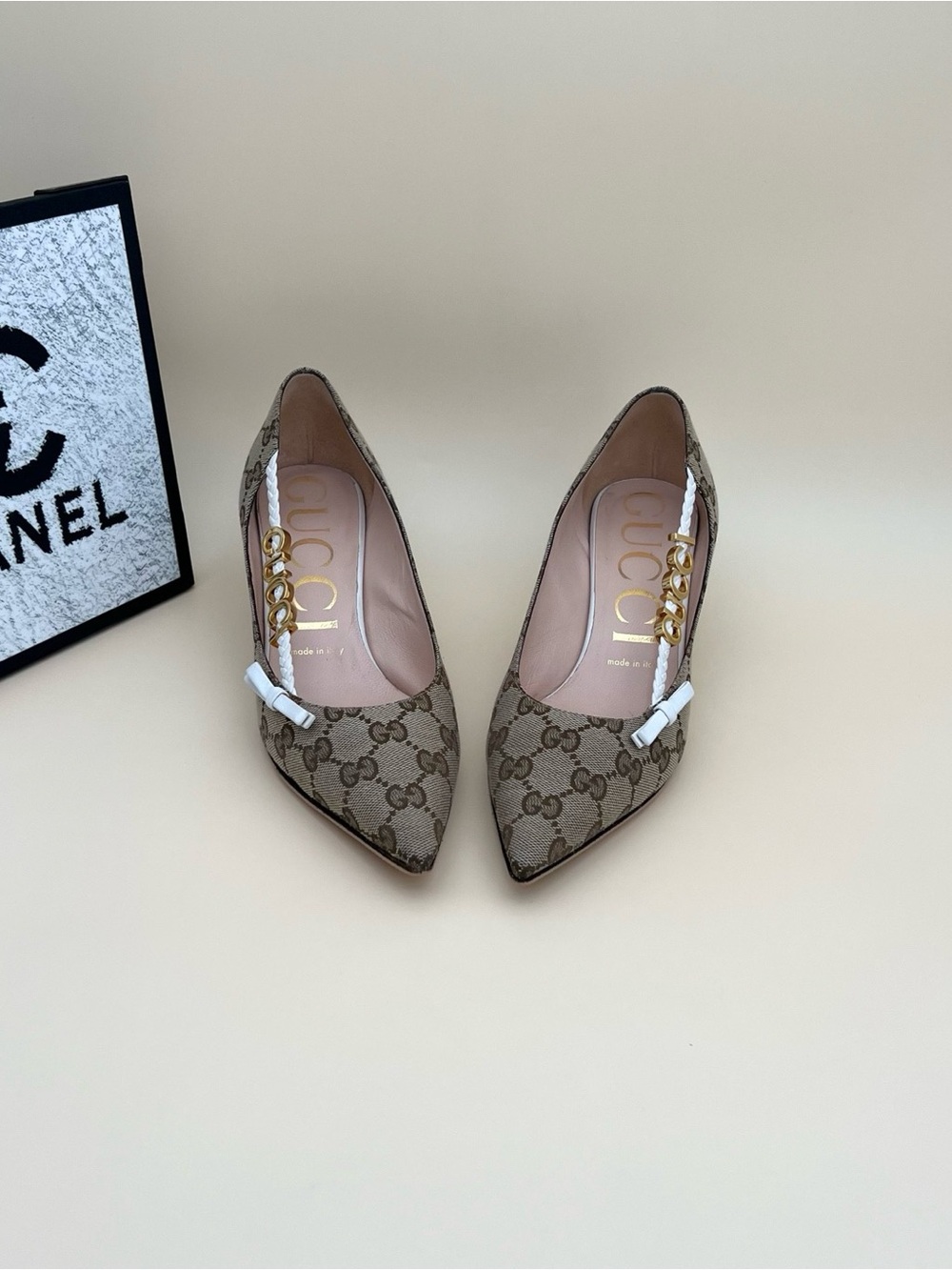Gucci Beige GG Monogram Pointed Toe Low Kitten Heel Pumps with Gold Accents - Picture 2 of 6